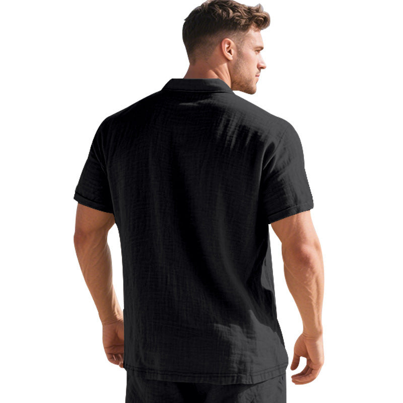 Herren Leinen Polohemd Kurzarm Halbknopf Beige