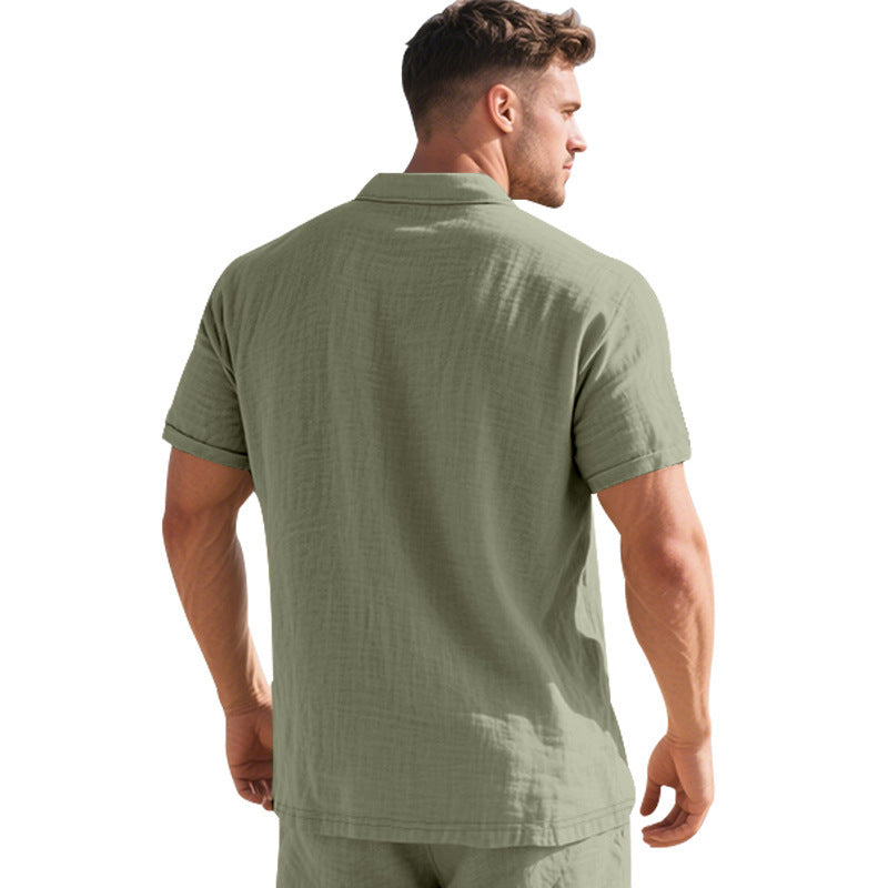 Herren Leinen Polohemd Kurzarm Halbknopf Beige
