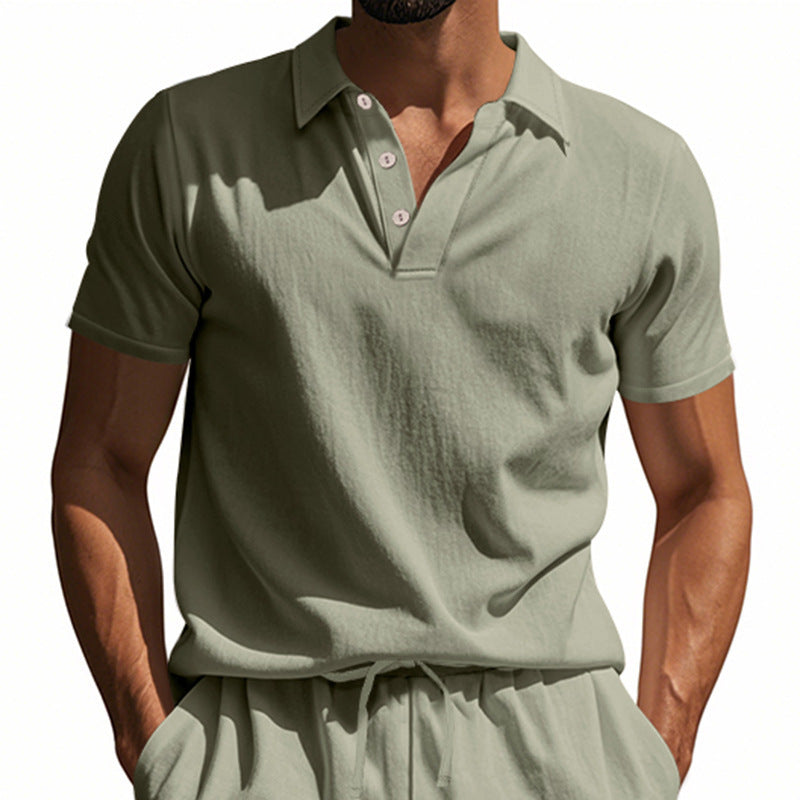 Herren Leinen Polohemd Kurzarm Halbknopf Beige