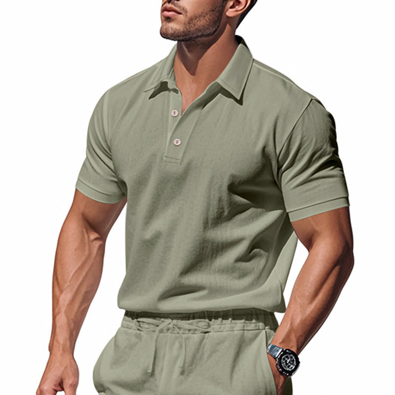Herren Leinen Polohemd Kurzarm Halbknopf Beige