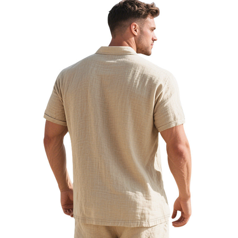 Herren Leinen Polohemd Kurzarm Halbknopf Beige