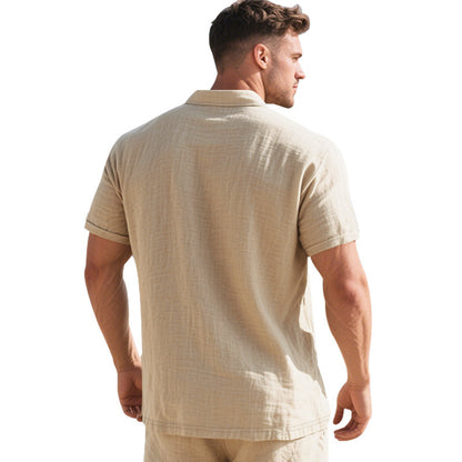 Herren Leinen Polohemd Kurzarm Halbknopf Beige