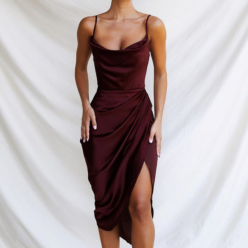 Damen Satinkleid mit Cowl-Ausschnitt und seitlicher Drapierung