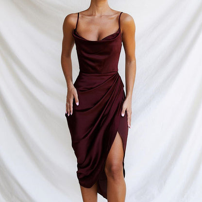 Damen Satinkleid mit Cowl-Ausschnitt und seitlicher Drapierung