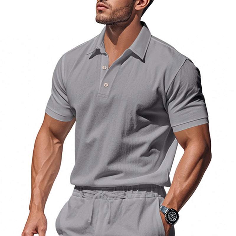 Herren Leinen Polohemd Kurzarm Halbknopf Beige