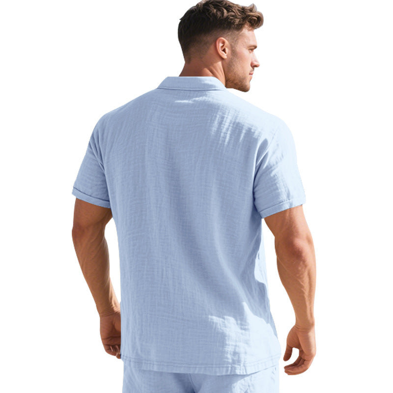 Herren Leinen Polohemd Kurzarm Halbknopf Beige