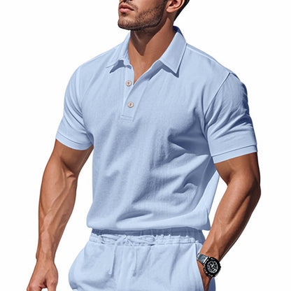 Herren Leinen Polohemd Kurzarm Halbknopf Beige