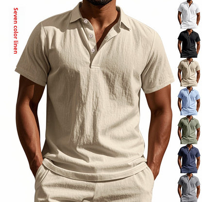 Herren Leinen Polohemd Kurzarm Halbknopf Beige