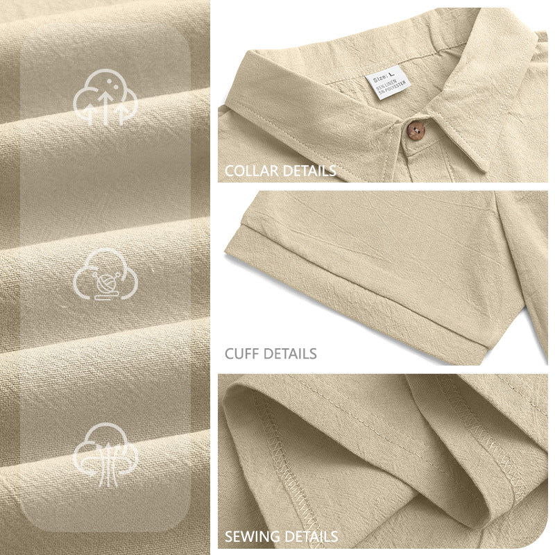 Herren Leinen Polohemd Kurzarm Halbknopf Beige
