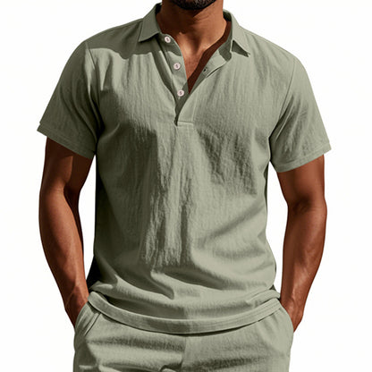 Herren Leinen Polohemd Kurzarm Halbknopf Beige