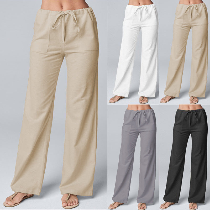 Damen Leinenhose Weitbein Kordelzug Beige