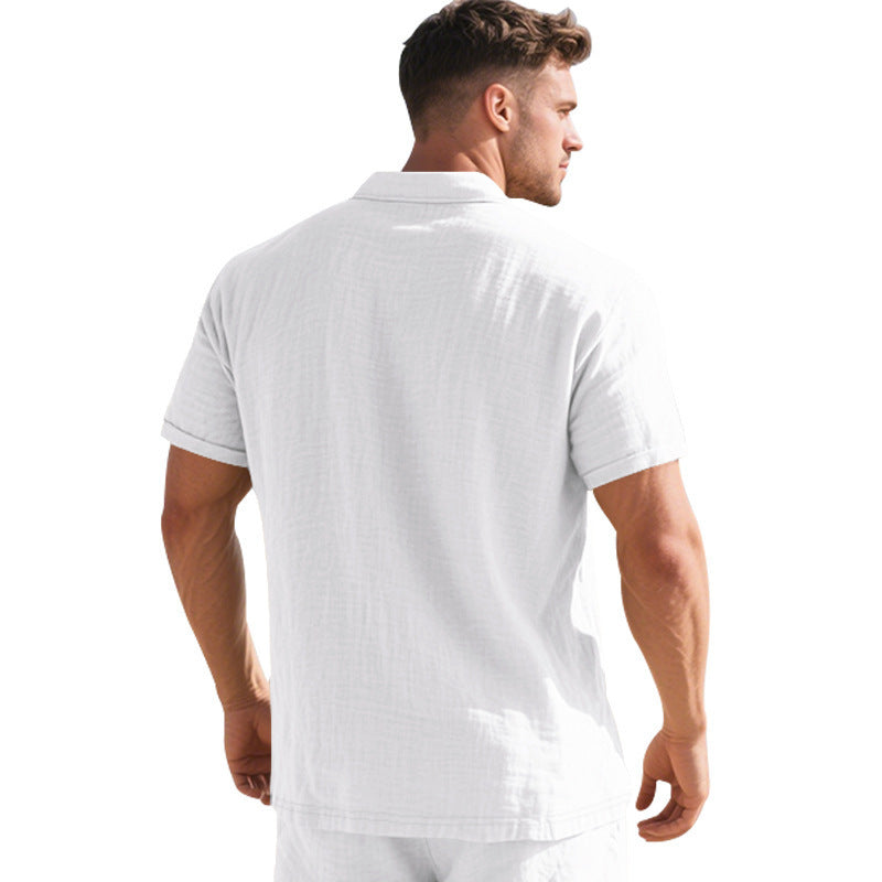 Herren Leinen Polohemd Kurzarm Halbknopf Beige