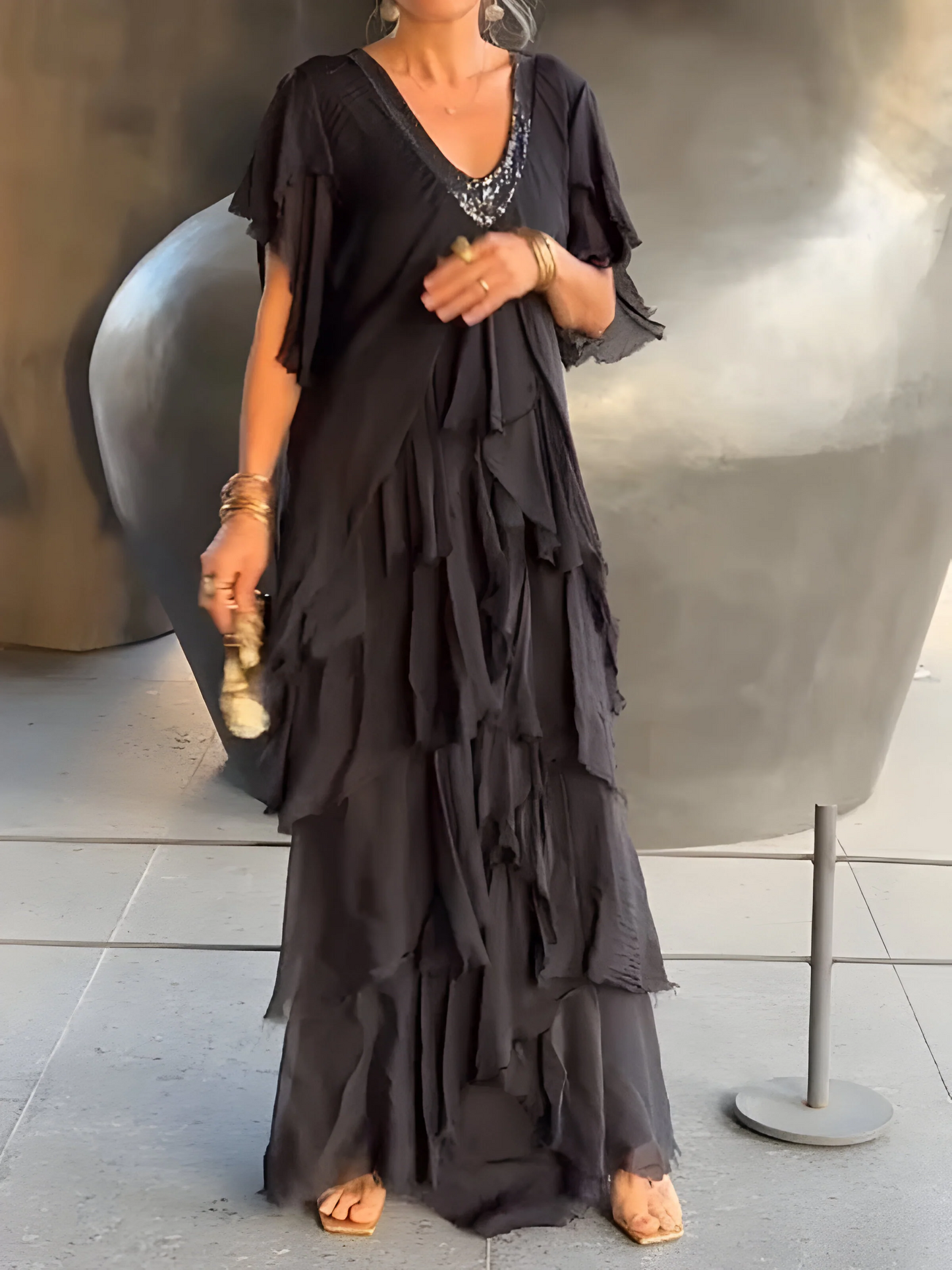 Damen Plissee Kleid V-Ausschnitt Elegantes Seidenkleid