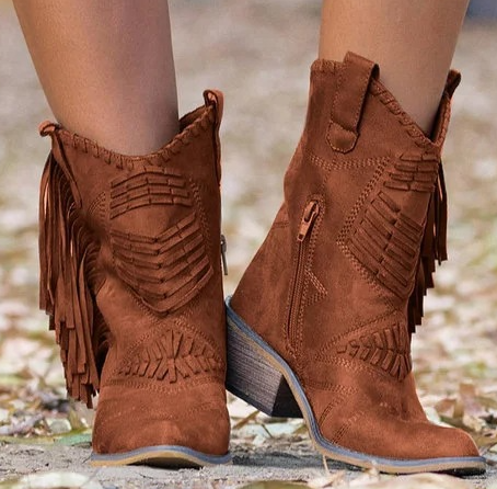 Eveloria Damen Westernstiefel mit Fransen Leder