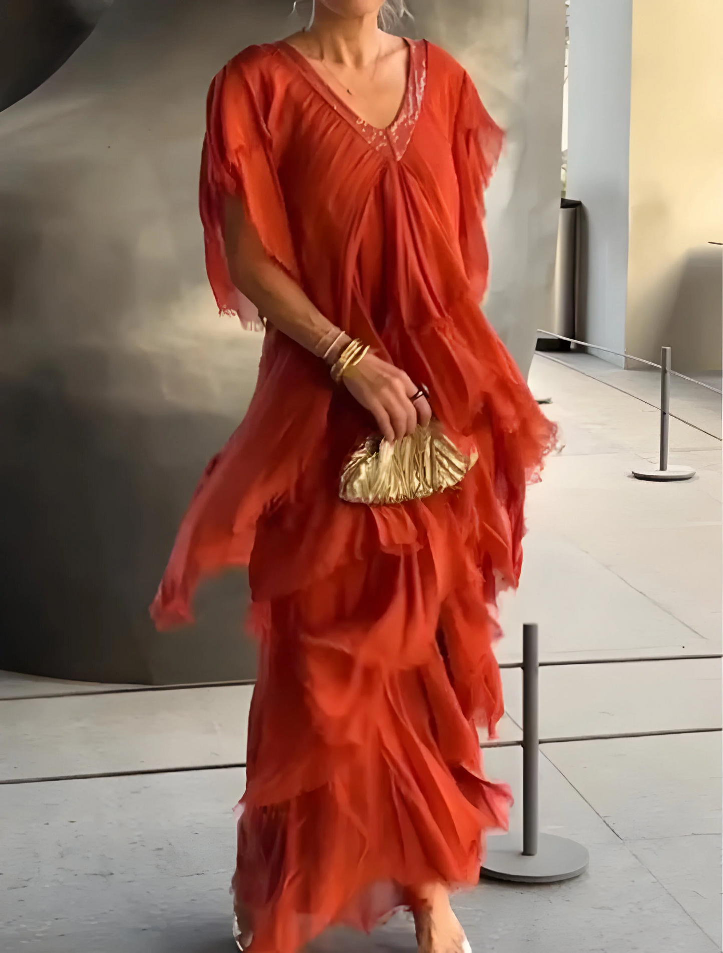 Damen Plissee Kleid V-Ausschnitt Elegantes Seidenkleid