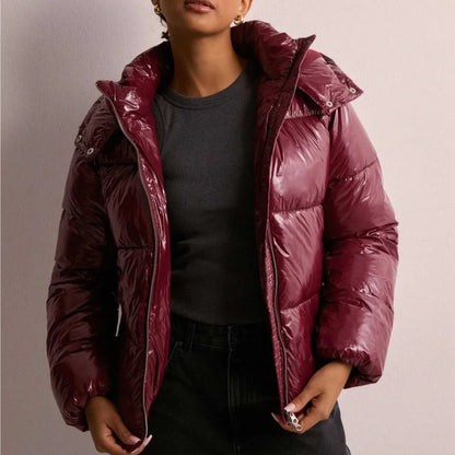 Damen Kurz-Pufferjacke Kapuze Leicht Glänzend