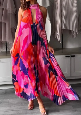 Damen Ärmelloses Maxikleid Plissiert Schwarz - Eveloria