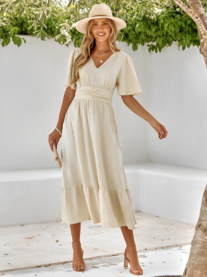 Damen Sommerkleid V-Ausschnitt Taillengürtel Rüschen Elegant