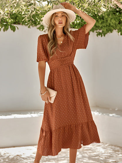 Damen Sommerkleid V-Ausschnitt Taillengürtel Rüschen Elegant