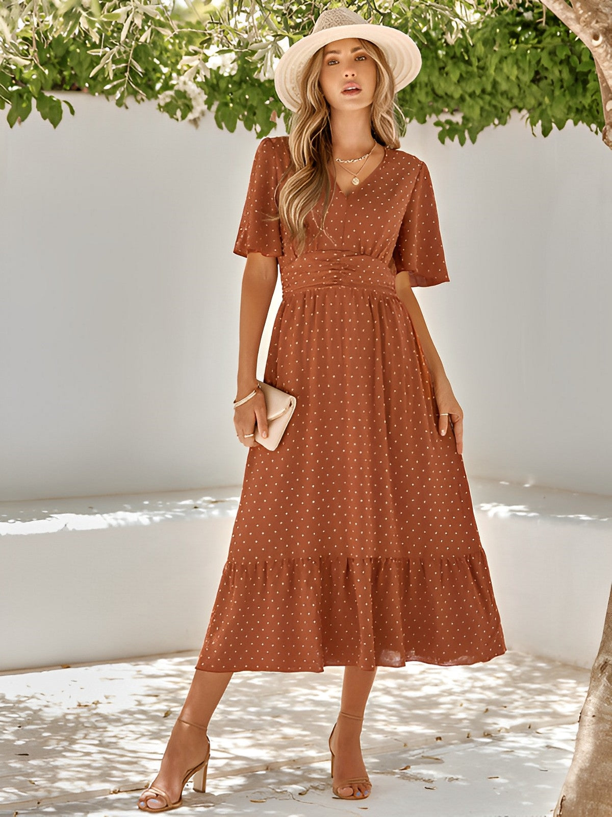 Damen Sommerkleid V-Ausschnitt Taillengürtel Rüschen Elegant