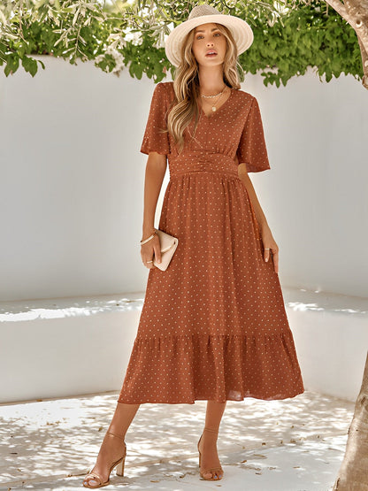 Damen Sommerkleid V-Ausschnitt Taillengürtel Rüschen Elegant