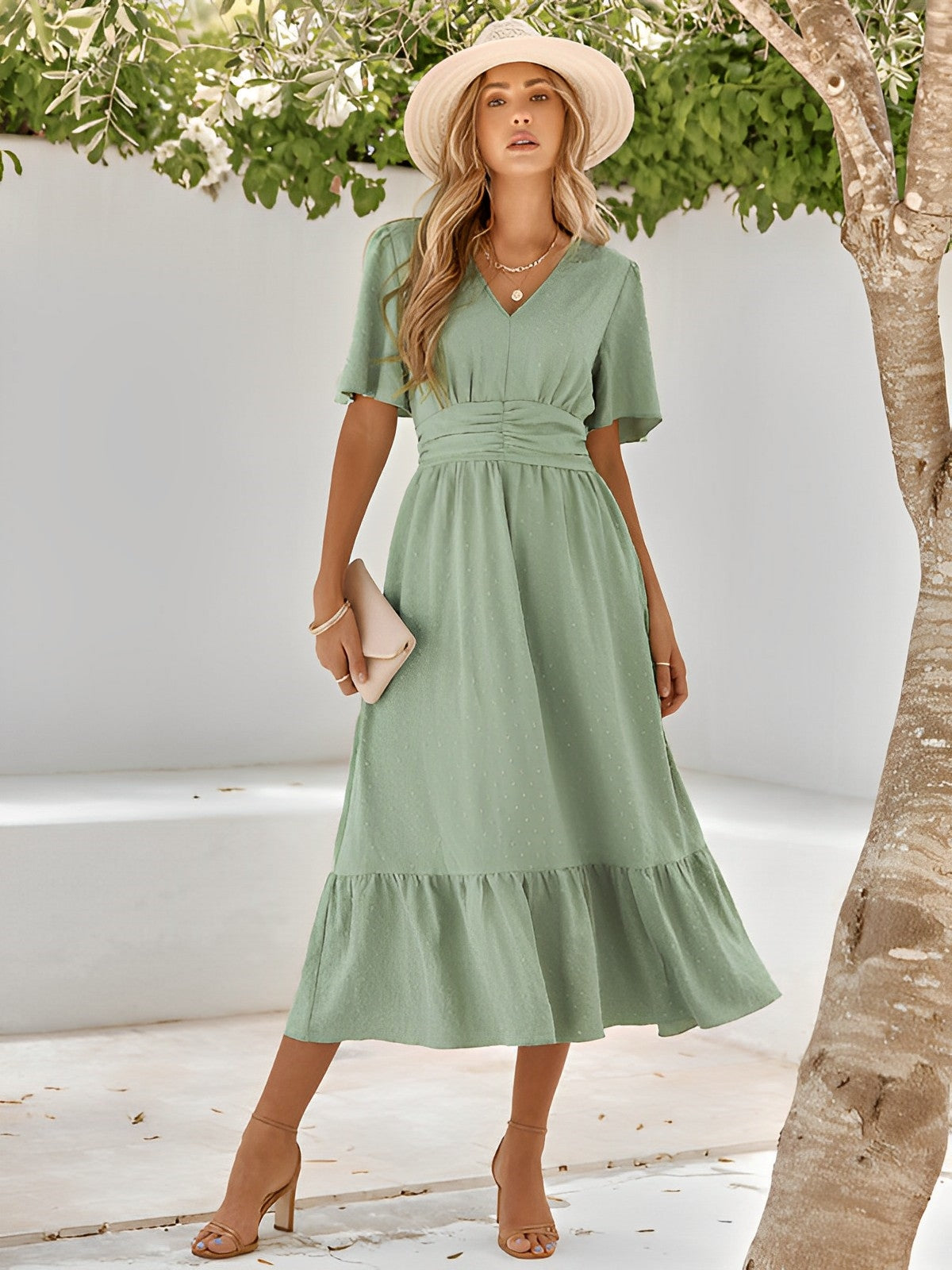 Damen Sommerkleid V-Ausschnitt Taillengürtel Rüschen Elegant