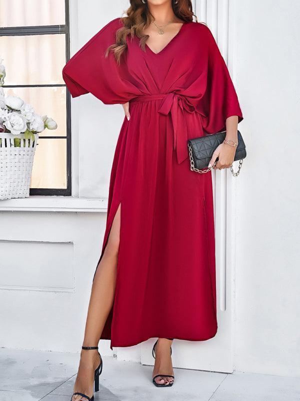 Damen Elegantes V-Ausschnitt Kleid Lockere Form Schwarz - Eveloria