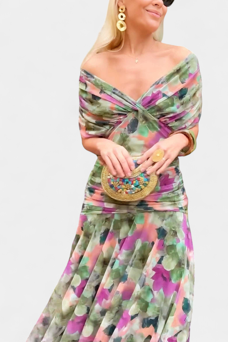 Damen Maxi Kleid Off-Shoulder Gerafftes