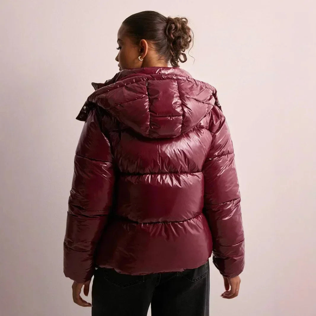 Damen Kurz-Pufferjacke Kapuze Leicht Glänzend