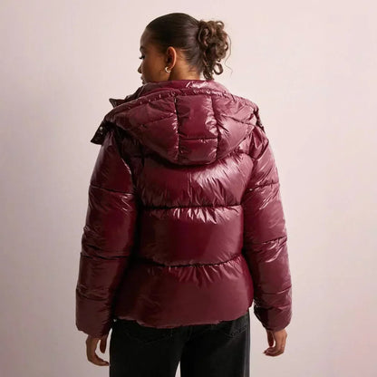 Damen Kurz-Pufferjacke Kapuze Leicht Glänzend