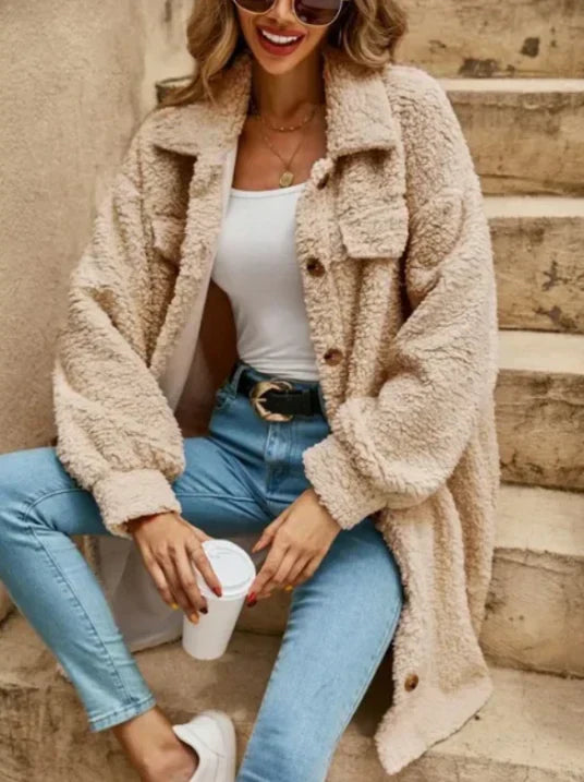 Damen Teddy-Mantel Oversized Beige Lang