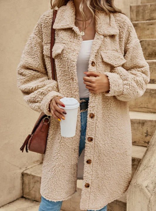 Damen Teddy-Mantel Oversized Beige Lang - Eveloria