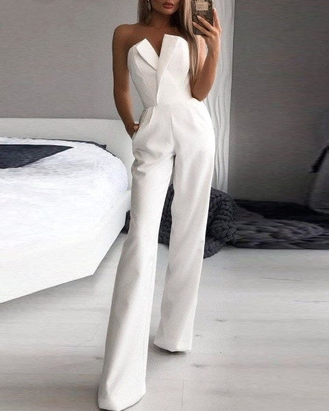 Damen Trägerlose Jumpsuit V-Ausschnitt Weites Bein