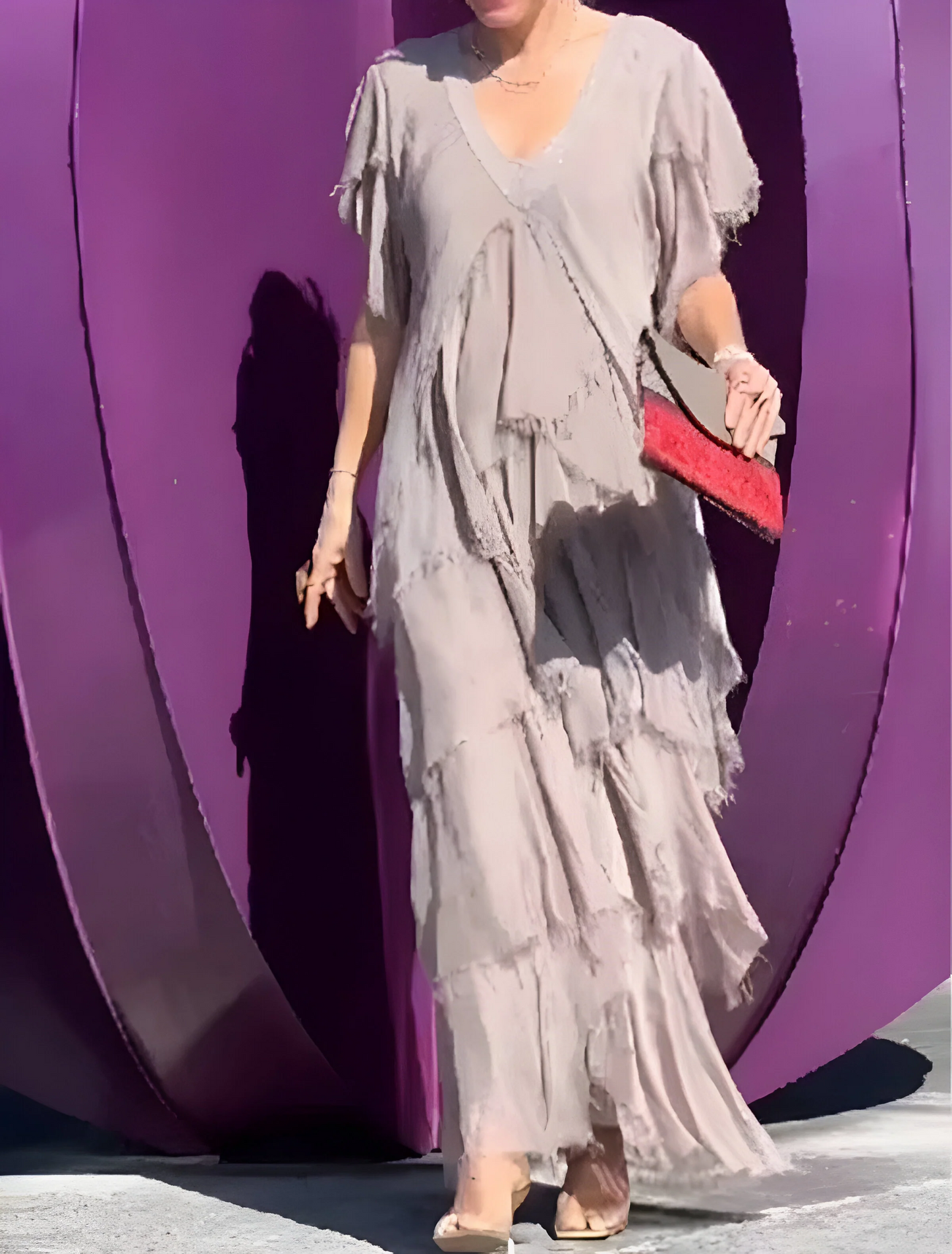 Damen Plissee Kleid V-Ausschnitt Elegantes Seidenkleid