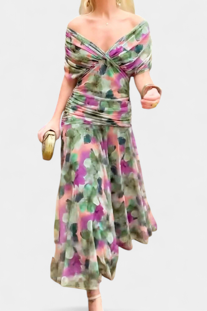 Damen Maxi Kleid Off-Shoulder Gerafftes