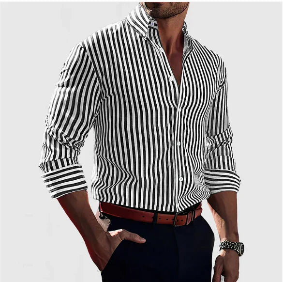 Herren Langarmhemd Streifen Baumwolle Relaxed Blau