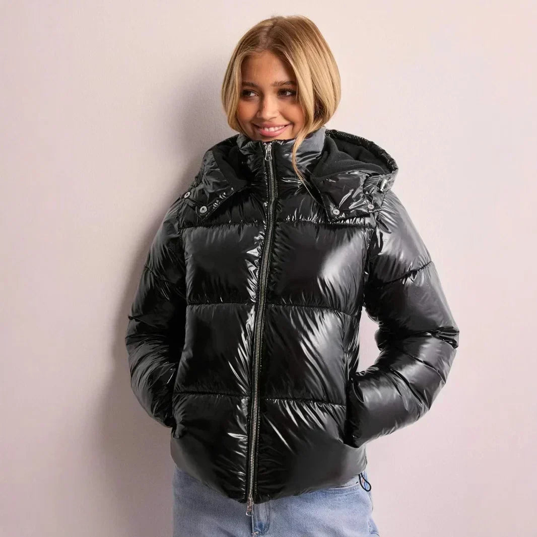 Damen Kurz-Pufferjacke Kapuze Leicht Glänzend
