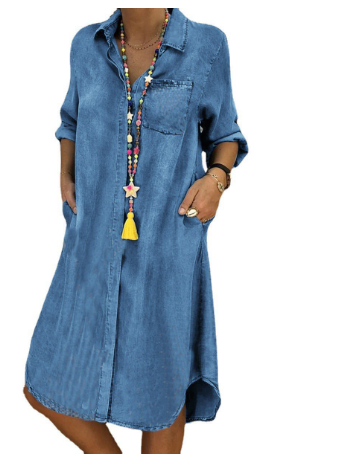 Damen Jeanskleid Langärmlig Mit Revers Blau - Eveloria