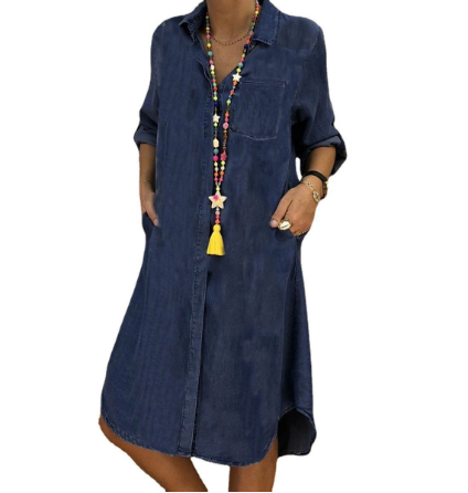 Damen Jeanskleid Langärmlig Mit Revers Blau