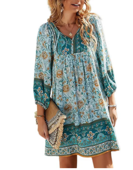 Damen Boho Sommerkleid V-Ausschnitt Blumendruck Bischofsärmel