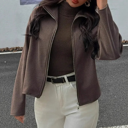 Damen Cropped Jacke Braun Stehkragen Reißverschluss - Eveloria