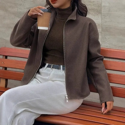 Damen Cropped Jacke Braun Stehkragen Reißverschluss