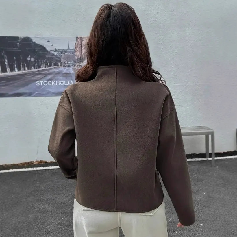 Damen Cropped Jacke Braun Stehkragen Reißverschluss