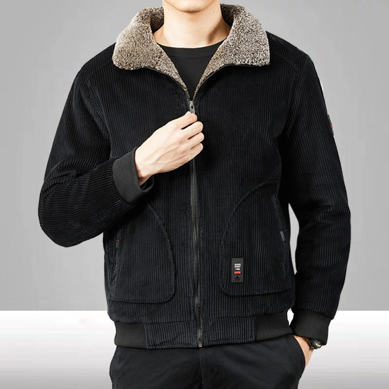 Herren Cordjacke Fleecekragen Gepolstert Schwarz - Eveloria