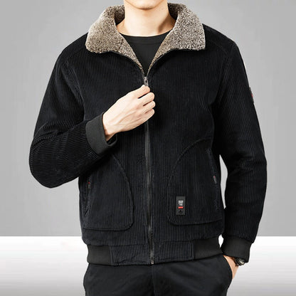 Herren Cordjacke Fleecekragen Gepolstert Schwarz - Eveloria