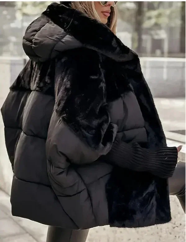 Damen Steppjacke Oversized mit Kunstfellkapuze und Taschen