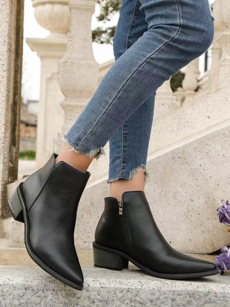 Eveloria Damen Stiefeletten Kunstleder Spitz Niedriger Blockabsatz