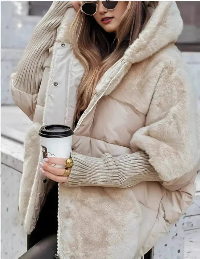 Damen Steppjacke Oversized mit Kunstfellkapuze und Taschen