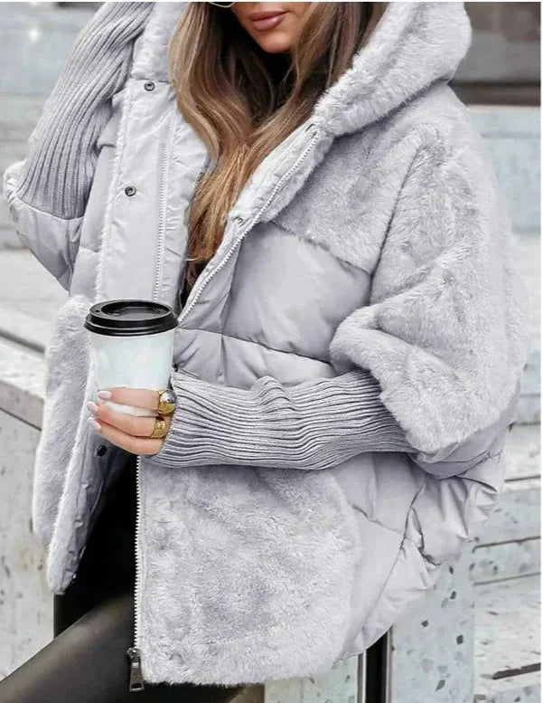Damen Steppjacke Oversized mit Kunstfellkapuze und Taschen