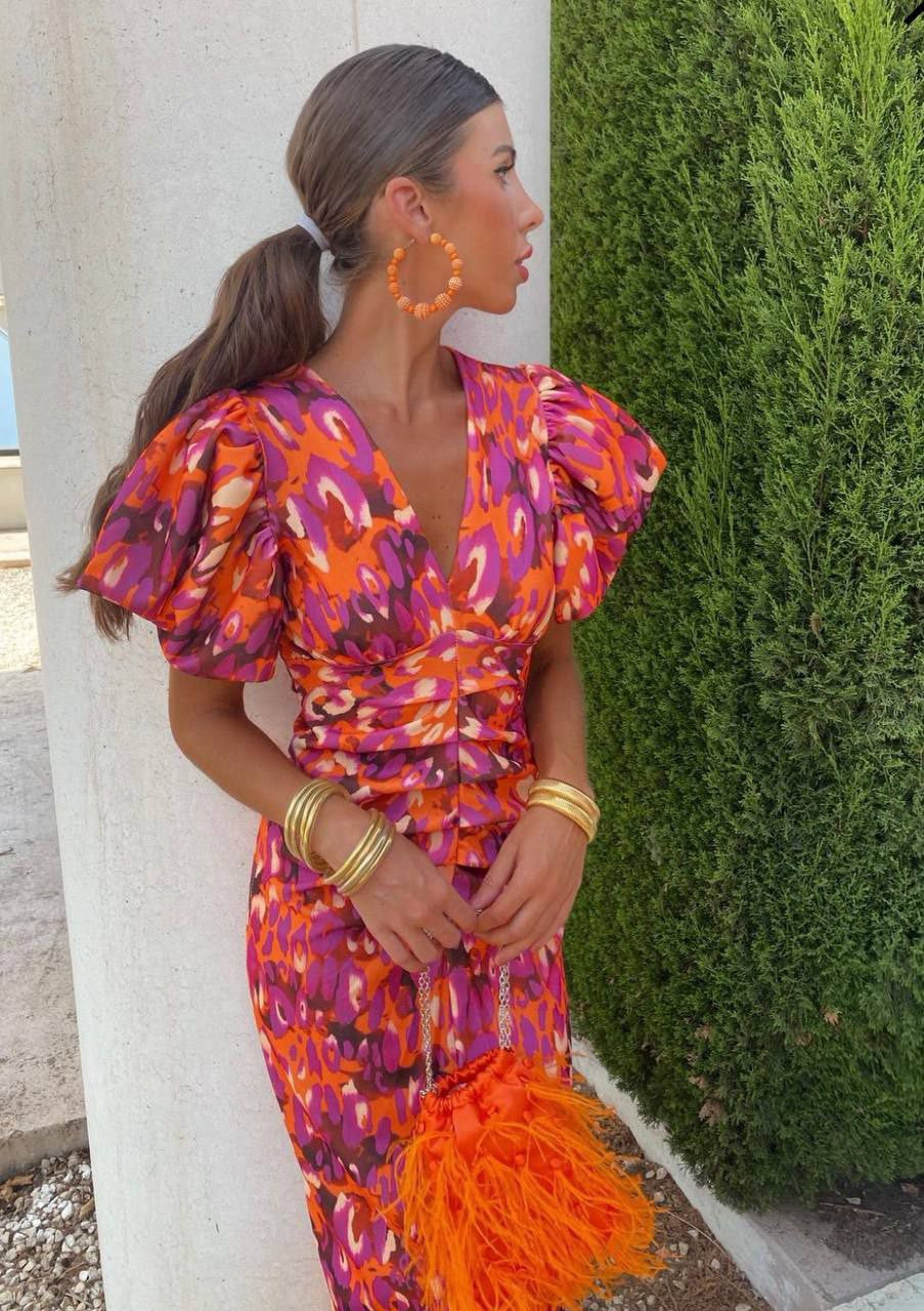 Damen Sommerkleid Mit Puffärmeln Bedruckt Midi - Eveloria